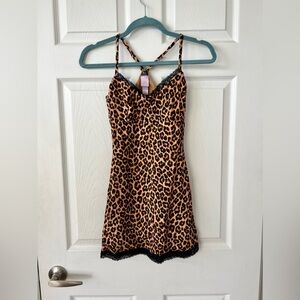 Savage x Fenty Leopard Print Slip Dress with Black Lace Trim